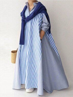 Blue Modest Women's Plus Size Lapel Striped Long Sleeve Casual Shirt Dress